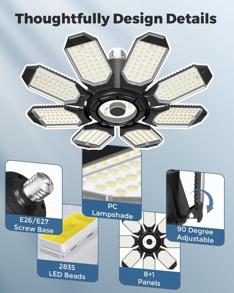 Adiding LED Garage Ceiling Lights 14000Lm w/ 8 Adjustable Panels, Super Bright Deformable Basement Light Bulb Fixture Screw in E26 Bulbs Socket for Indoor Shop, Workshop, Attic, Barn, Bay, Home Gym - Image 3